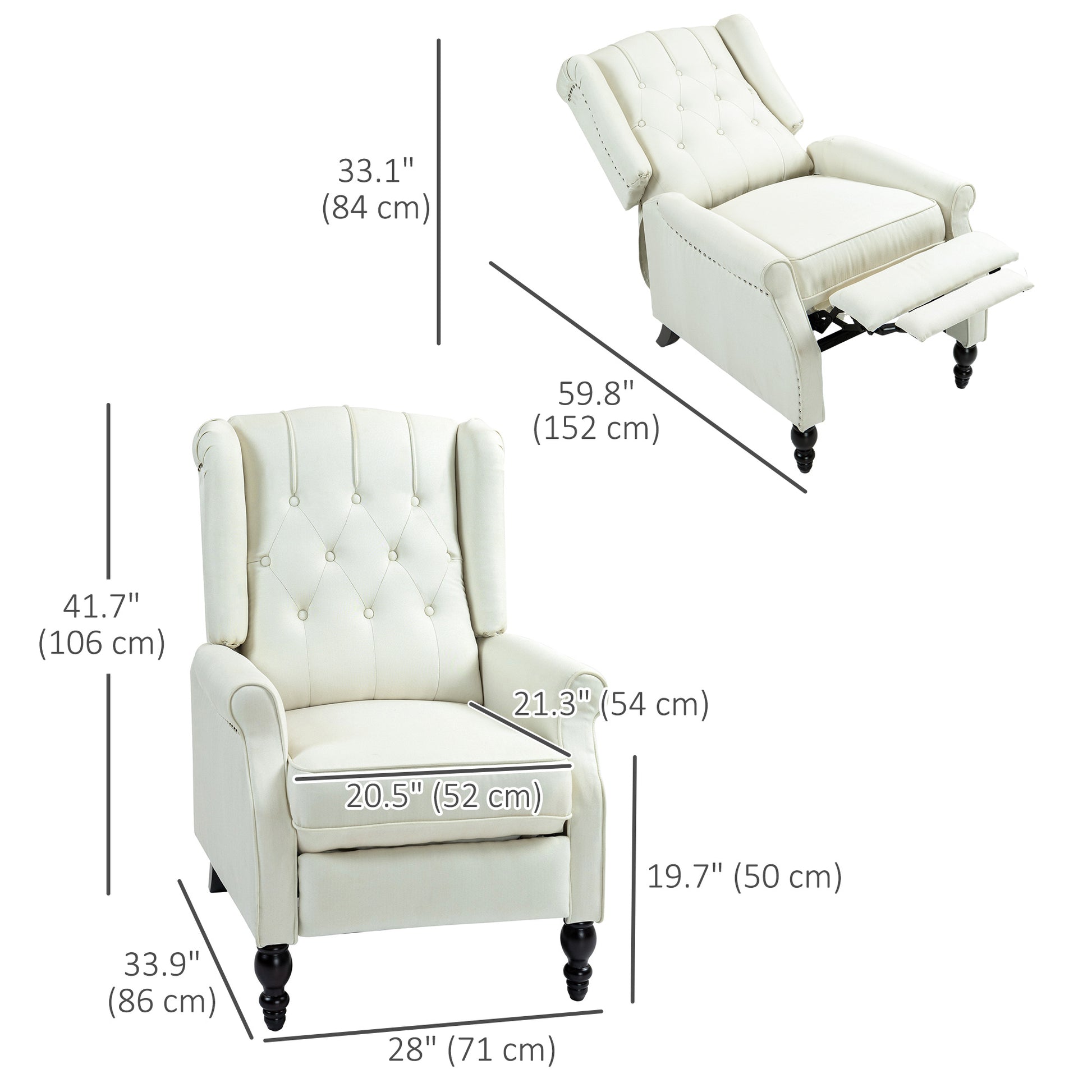 HOMCOM Cream White Wingback Recliner Chair with Button Tufted Footrest