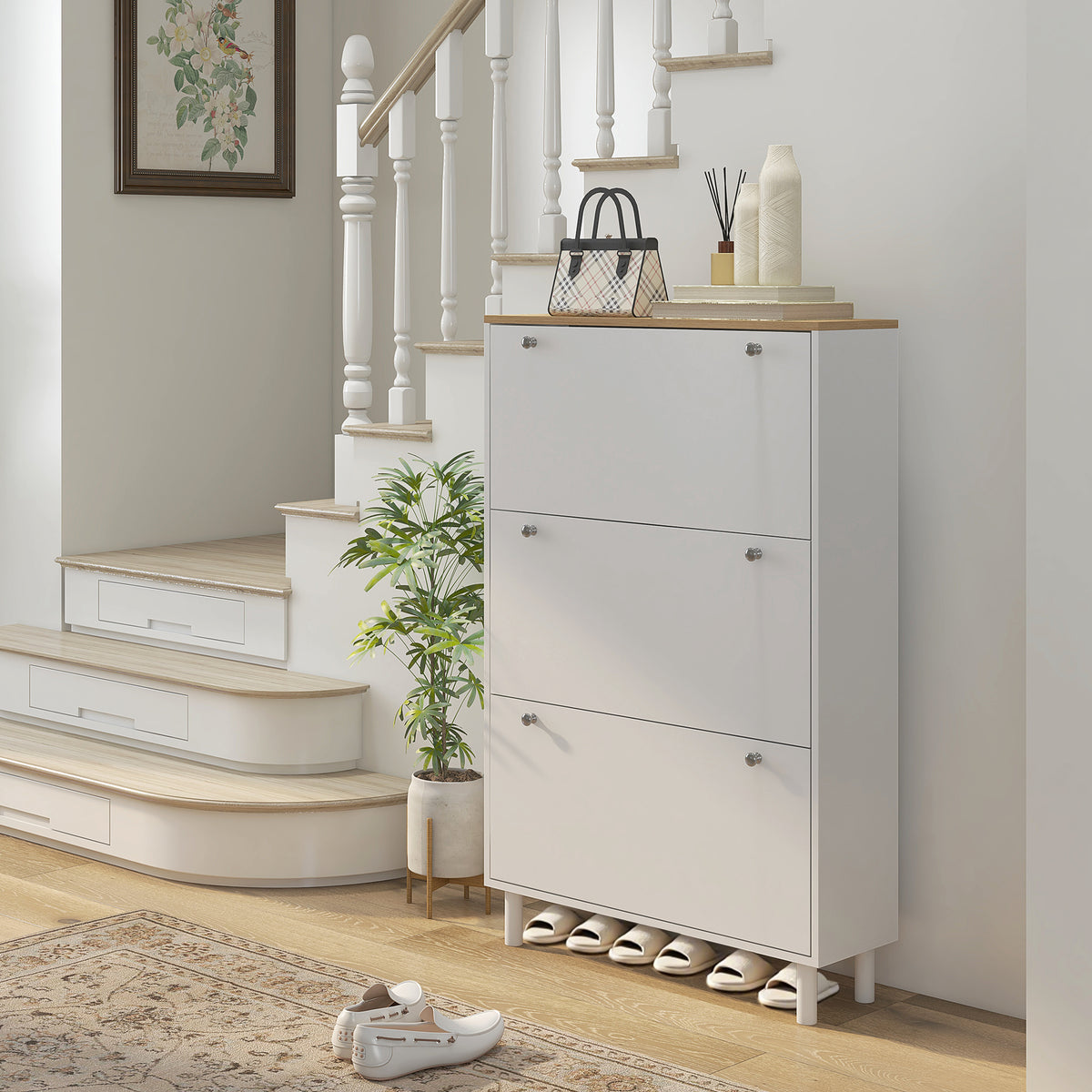 Modern Entryway Shoe Cabinet with 3 Flip Drawers – 32"W x 48"H