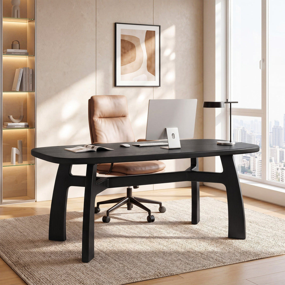 63" Solid Wood Computer Desk, Modern Office Desk with Boat-Shaped Top for Home Office