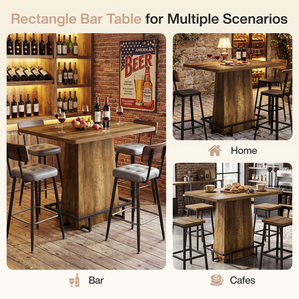 47" Bar Table, Rustic Industrial Pub Table with Footrest for Kitchen Bar Restaurant