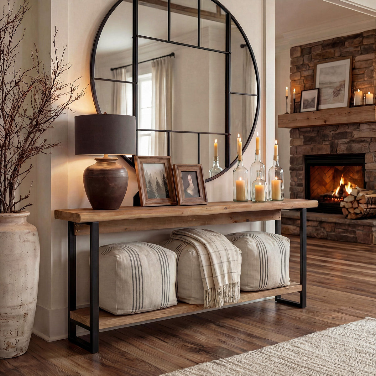 63" Solid Wood Live-Edge Console Table with Metal Legs – Narrow Farmhouse Sofa Table
