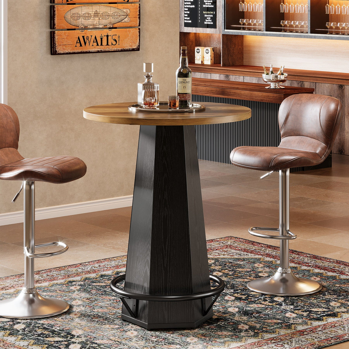 Round Bar Table for 2 People, 39.4" H Industrial Counter Height Pub Table with Metal Footrest