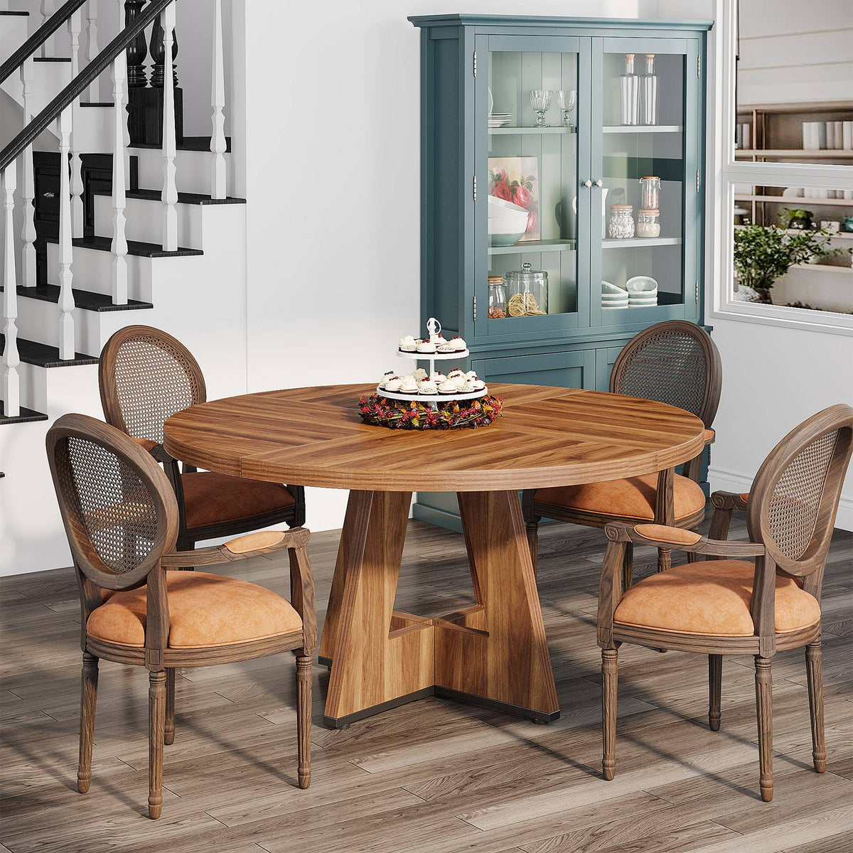 Round Dining Table for 4, 47" Wood Kitchen Table Farmhouse Dinner Table