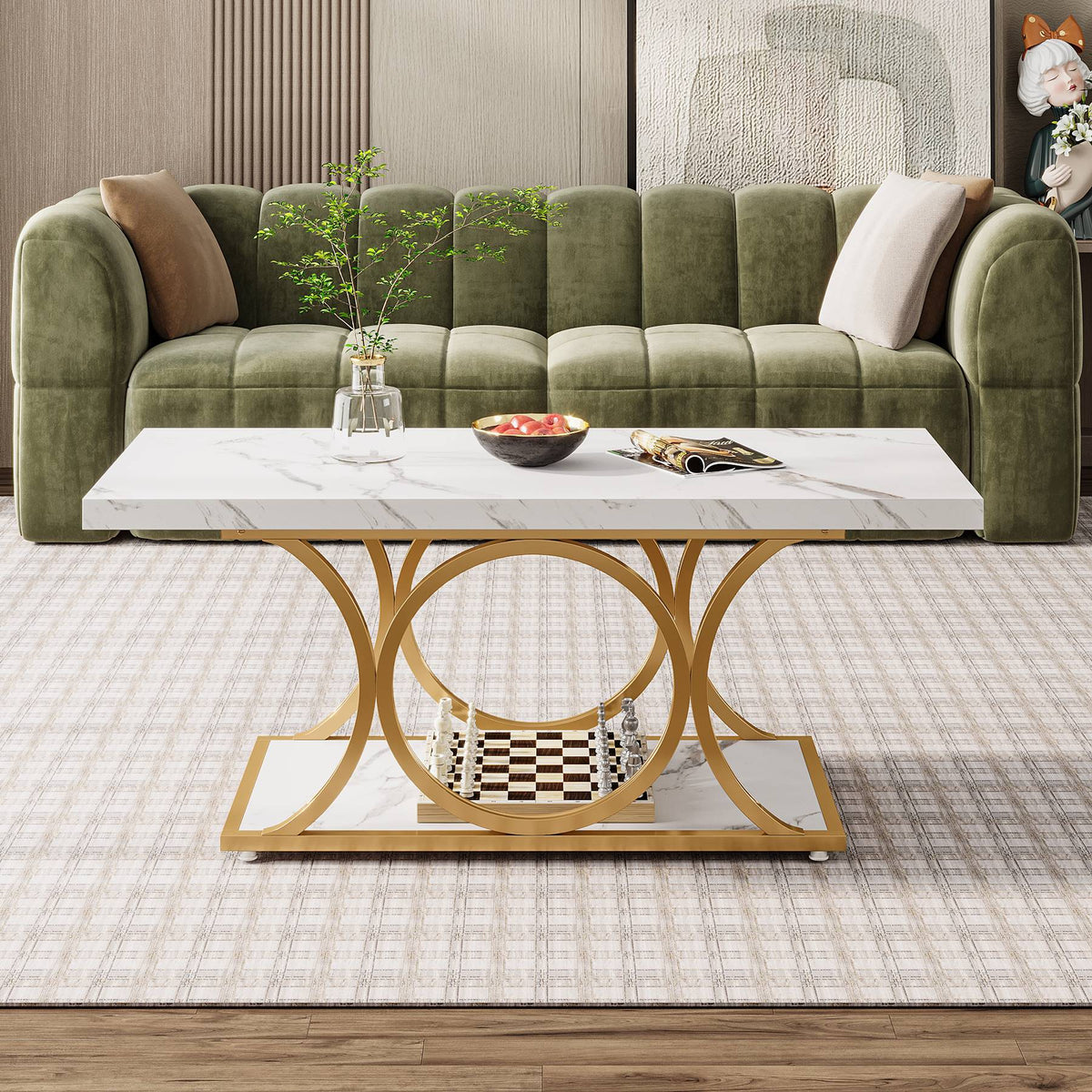 Rectangle Coffee Table, 46.45" Center Table with Faux Marble Top