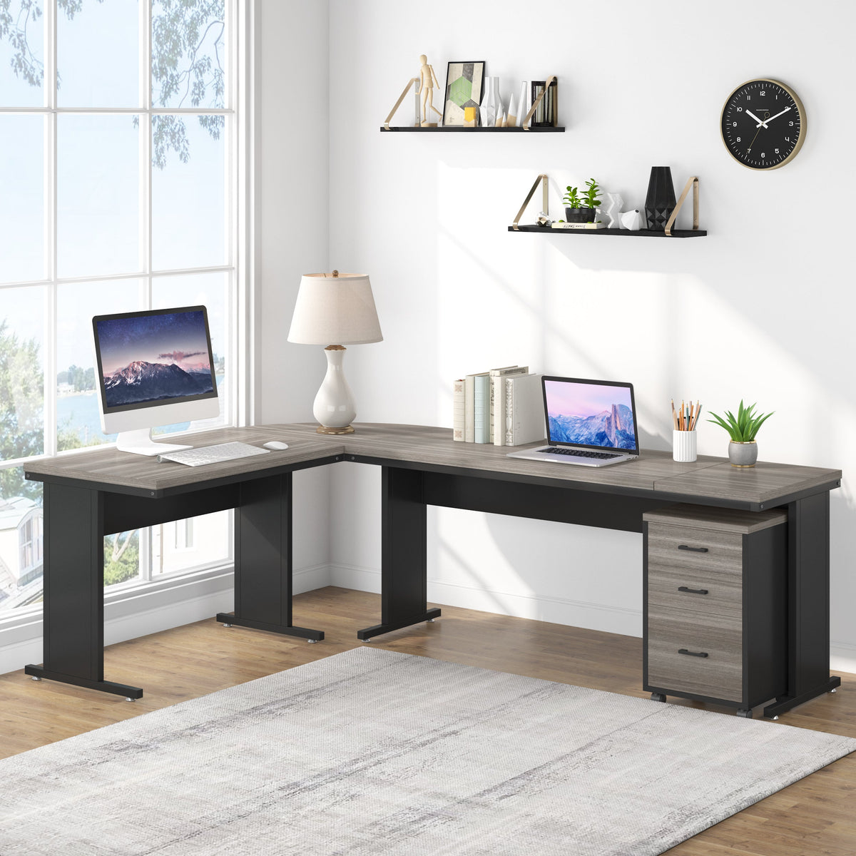 83" L-Shaped Desk, Industrial Corner Executive Desk with Mobile File Cabinet