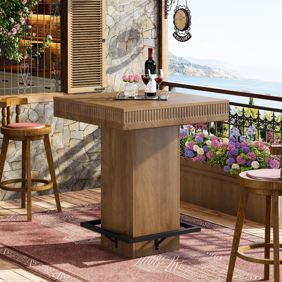 Square Bar Table, Industrial Bistro Pub Table with Metal Footrest