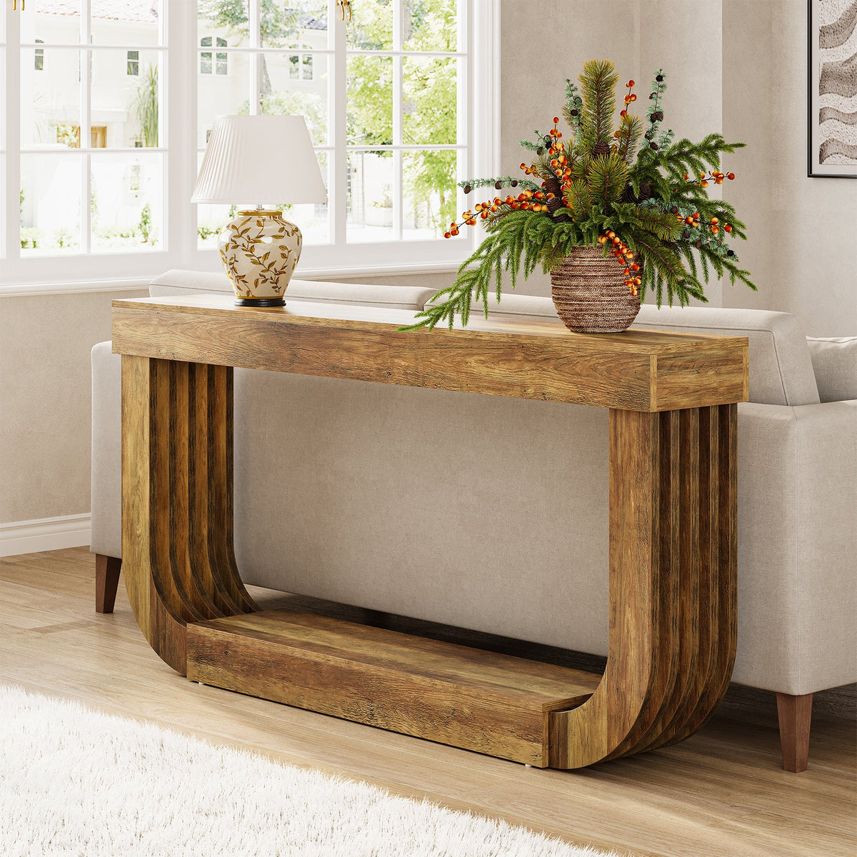 70.9" Console Table, 2-Tier Sofa Table with U-Shaped Pedestal
