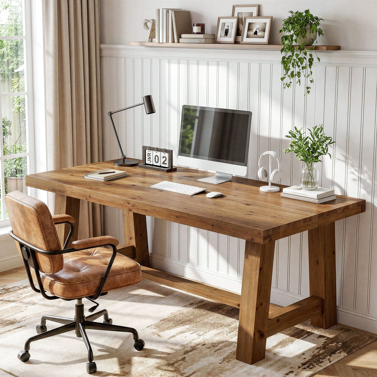63" Farmhouse Computer Desk, Solid Wood Home Office Desk with Thick Tabletop