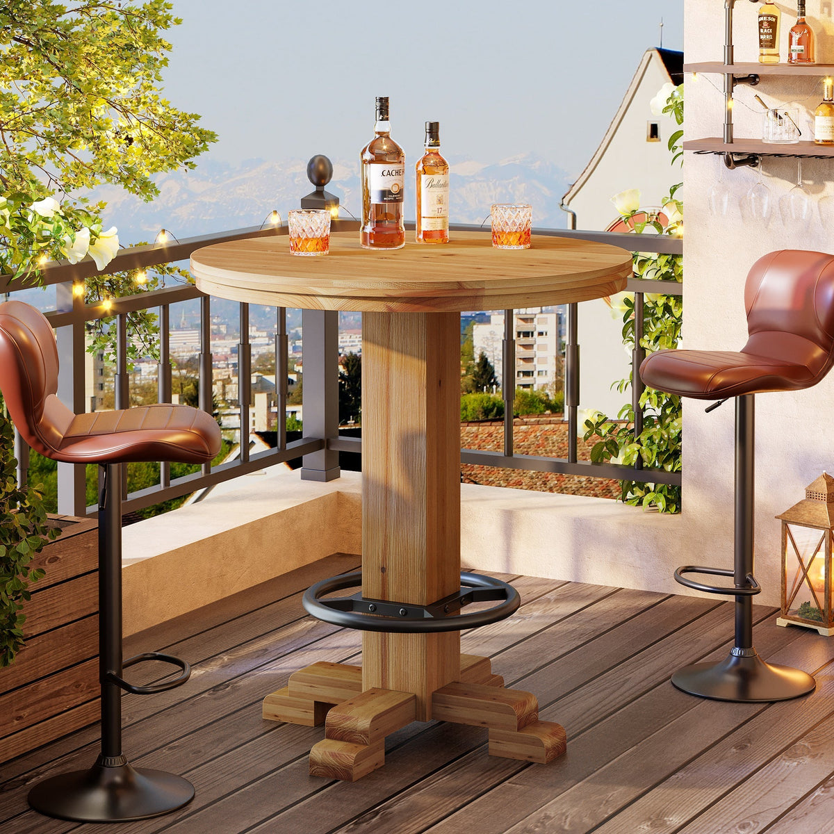 Solid Wood Round Bar Table, 37.4" H Bistro Pub Table with Metal Footrest