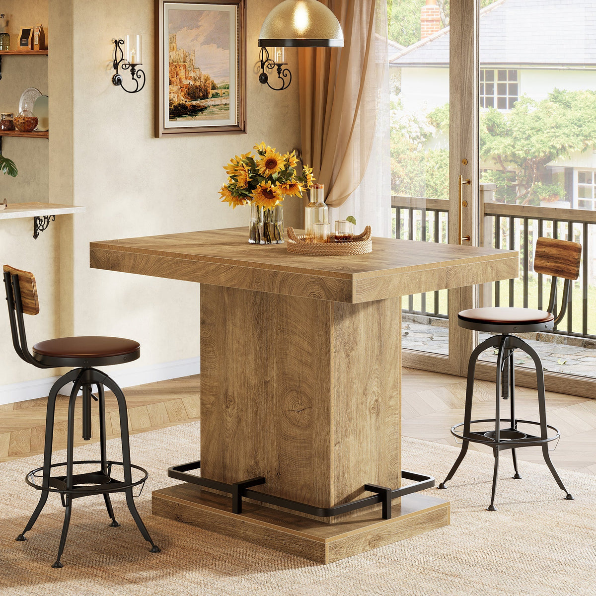 47" Bar Table, Rectangular Bistro Pub Table with Metal Footrest