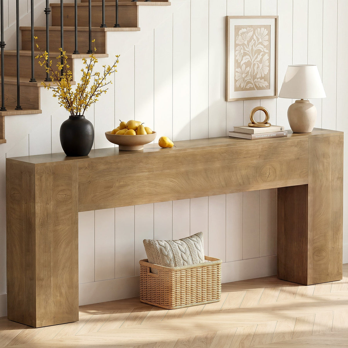 79" Console Table, Farmhouse Sofa Table with Double Pedestal Base for Entryway