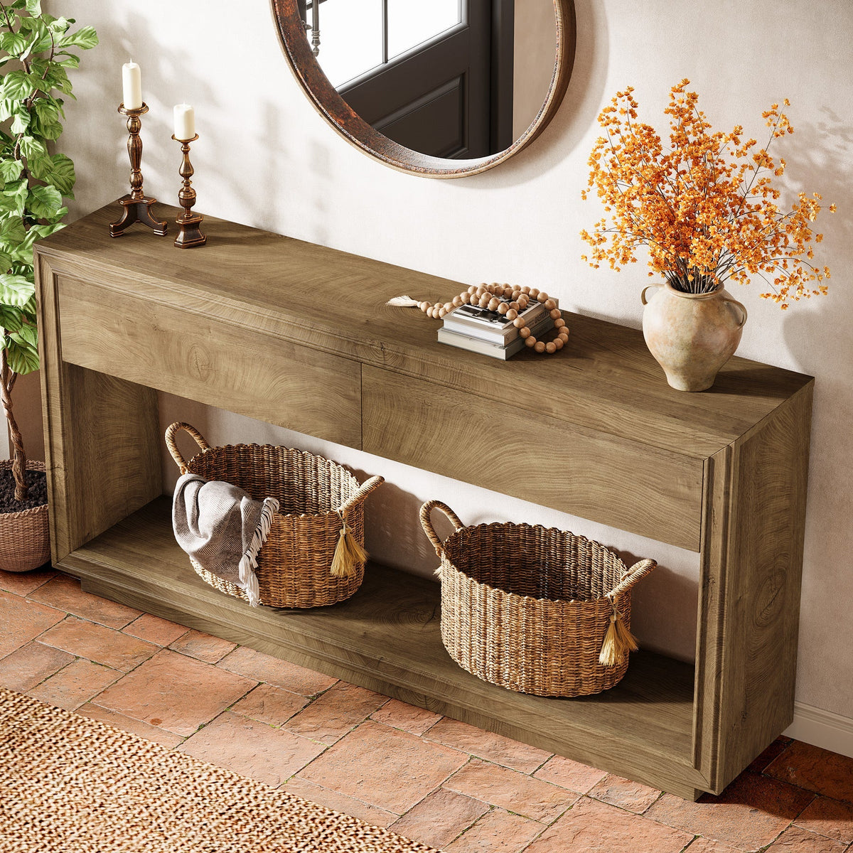 63" Console Table with 2 Drawers and Shelf, Farmhouse Entryway Sofa Table for Hallway