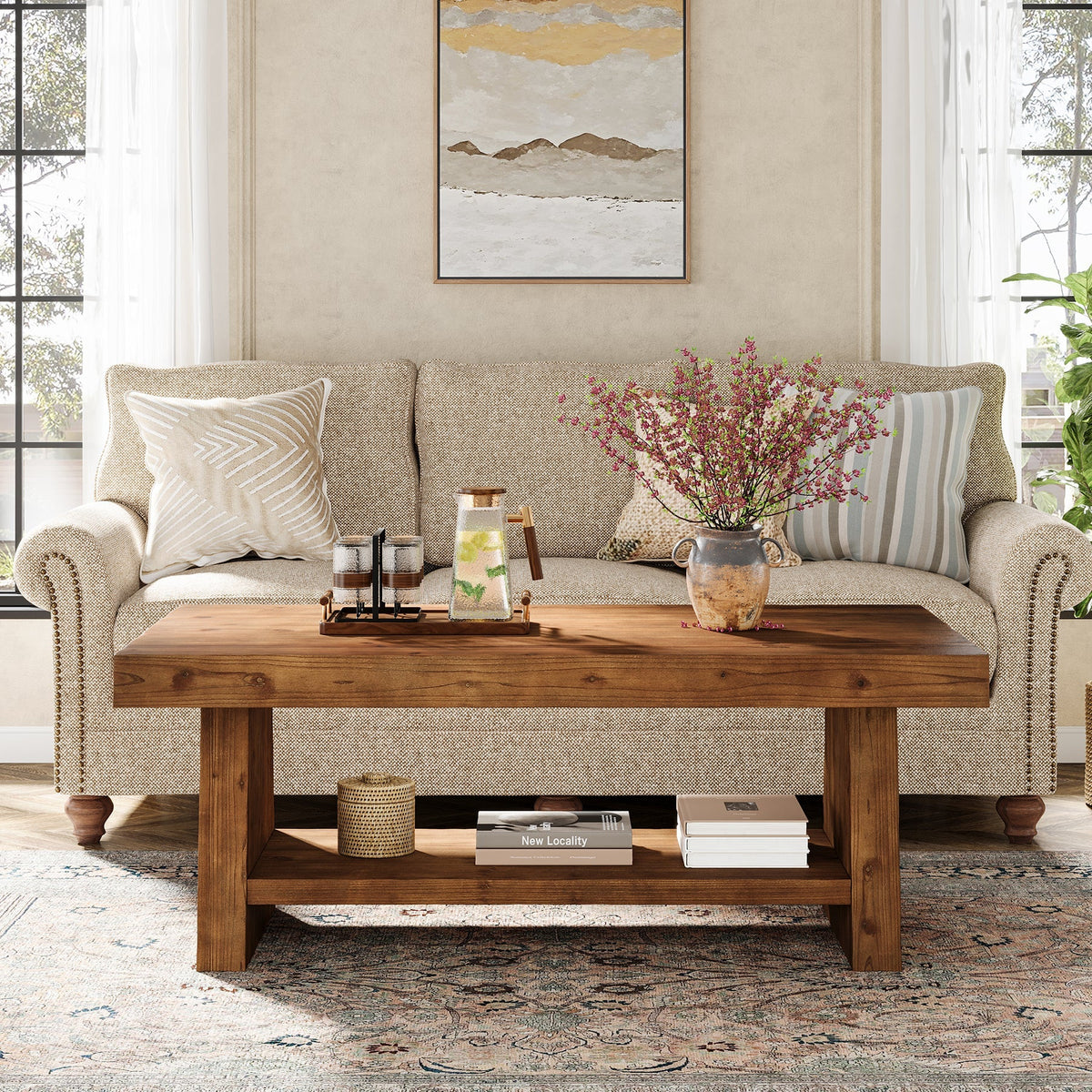 2-Tier Solid Wood Coffee Table, 47" Farmhouse Wood Center Table with Storage