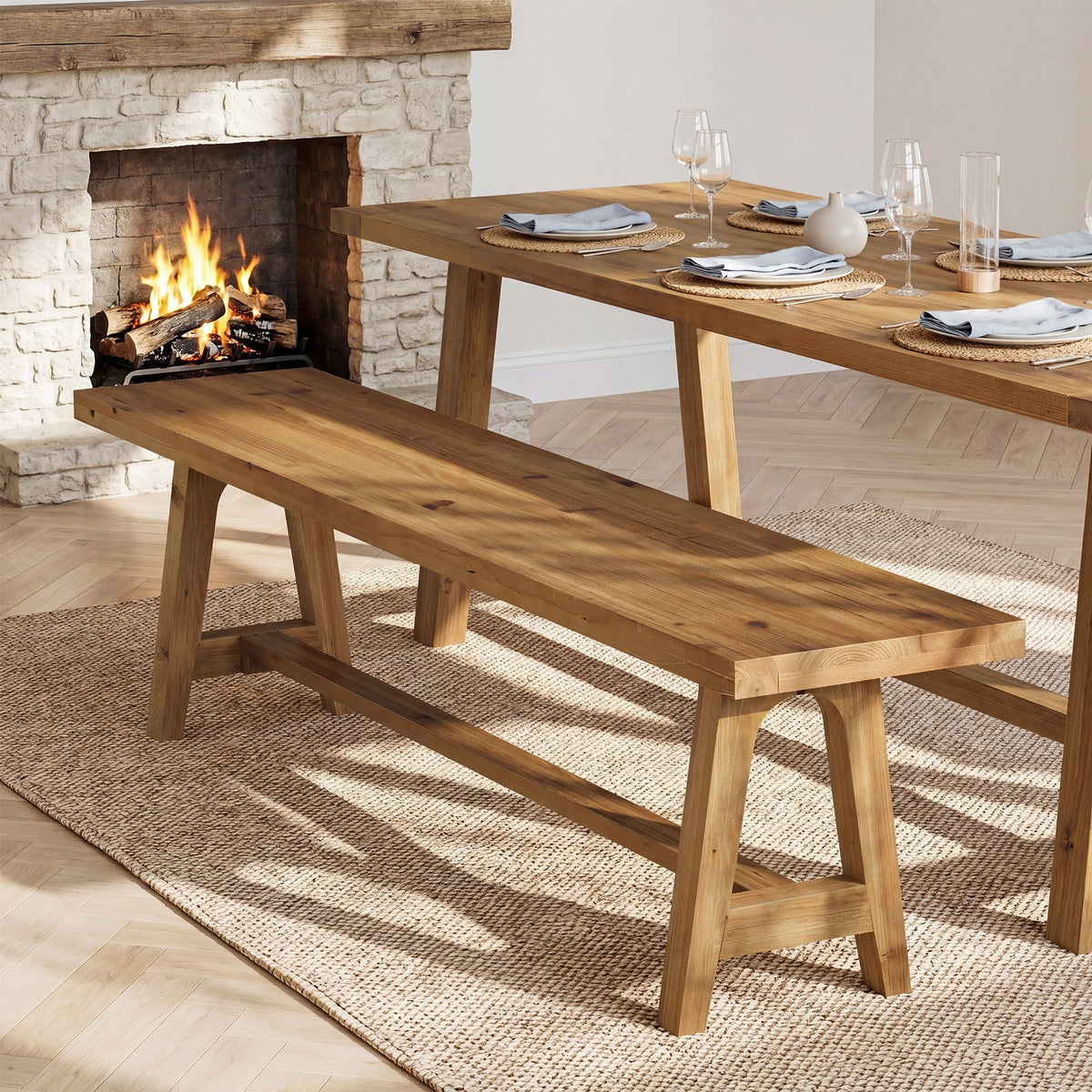 63" Solid Wood Dining Bench, Farmhouse Kitchen Bench for Dining Room, Kitchen