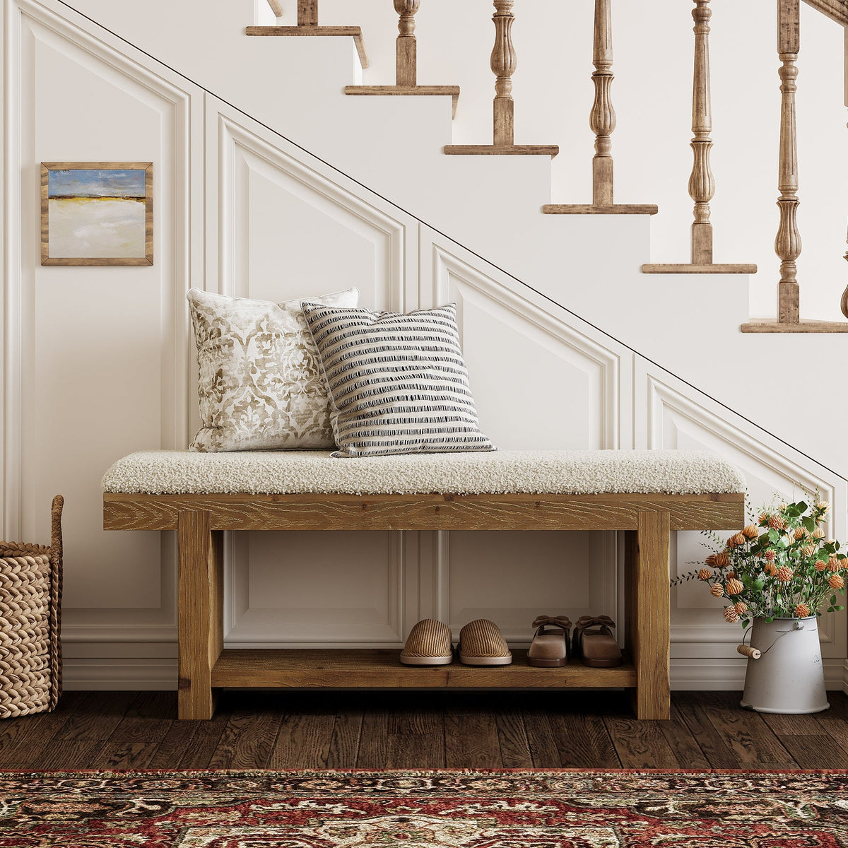 47.2" Solid Wood Entryway Bench, Upholstered Storage for Hallway