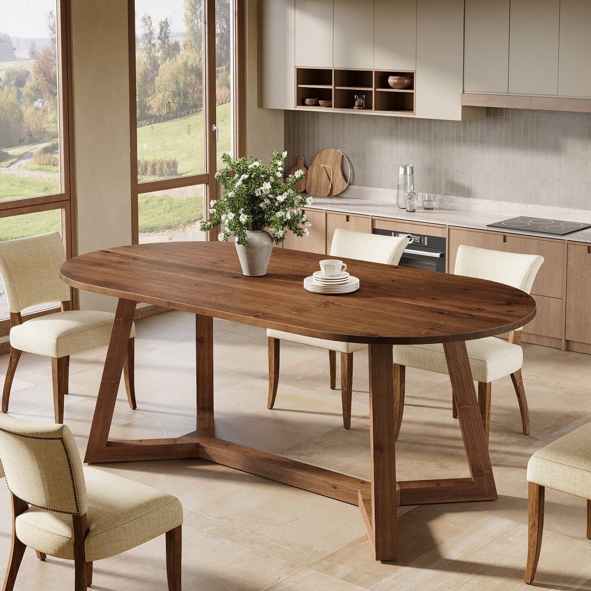 Solid Wood Oval Dining Table, 63" Kitchen Table with Sturdy Tapered Legs for 4-6