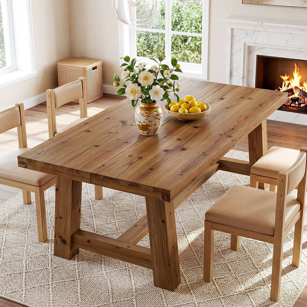 63" Solid Wood Dining Table, Rectangular Kitchen Table for 4-6 People