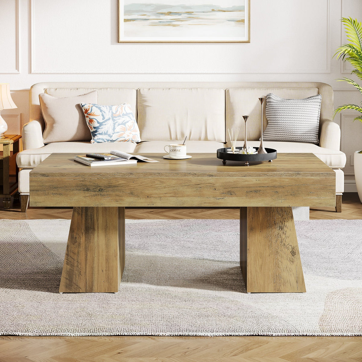 47.24" Farmhouse Coffee Table, Rectangular Center Table with Thick Base