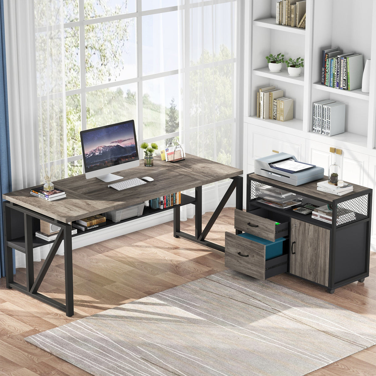 63" Computer Desk with Mobile Cabinet, L-Shaped Desk for Home Office