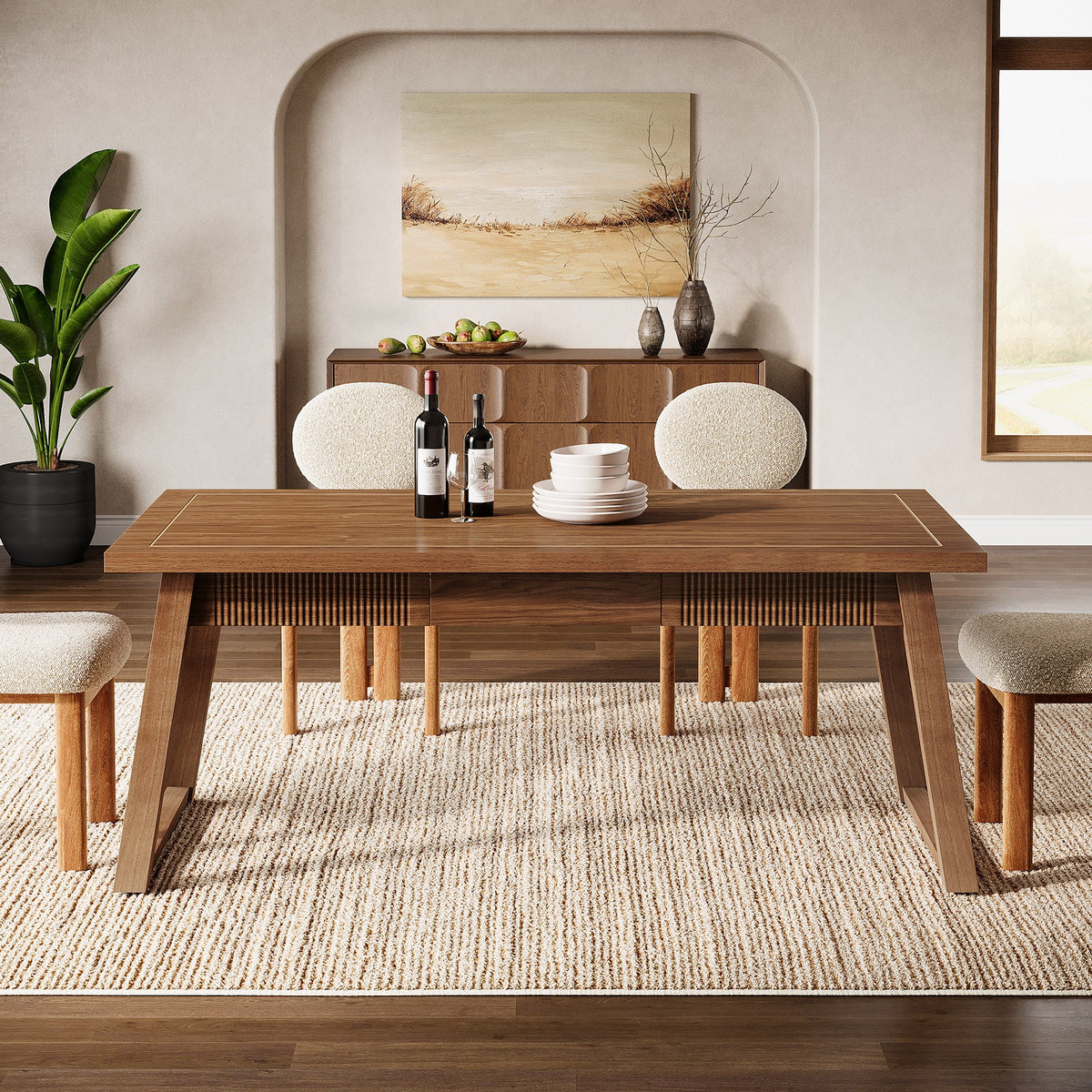 55" Dining Table with Drawer, Rectangular Kitchen Table with Solid Wood Legs
