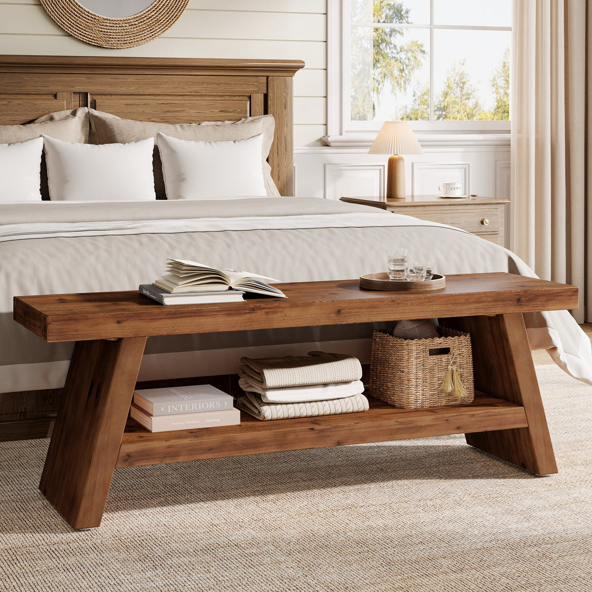 47" Solid Wood Shoe Bench, 2-Tier Entryway Bench with Open Shelves