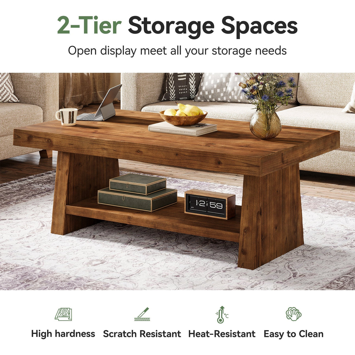 2-Tier Solid Wood Coffee Table, 47" Farmhouse Wood Center Table with Storage