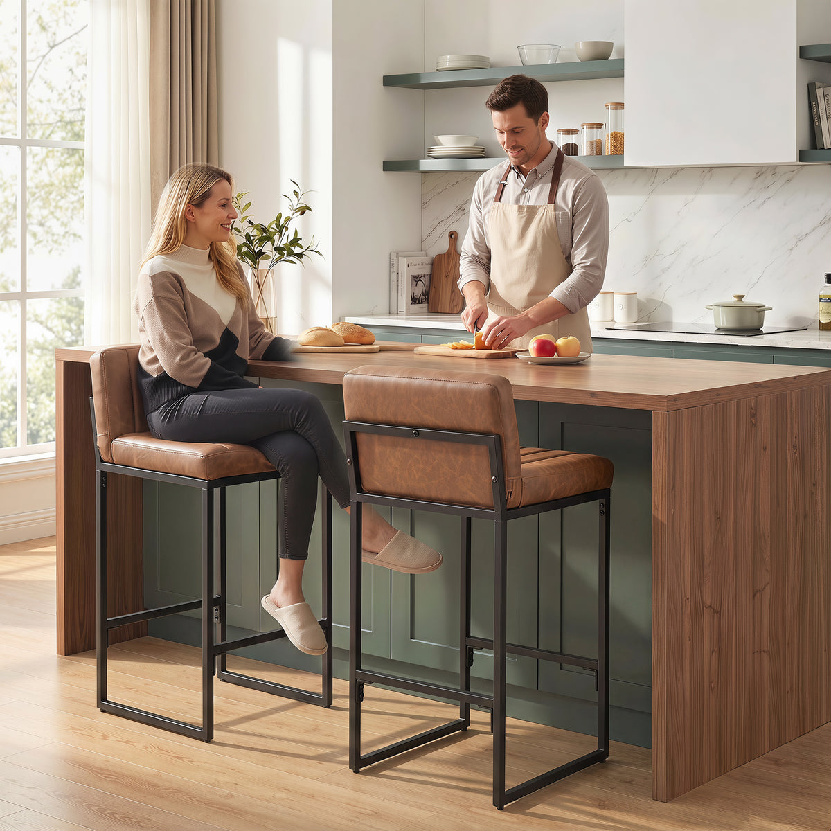 Retro Padded PU Leather Counter Stools with Back and Metal Legs, Set of 2, Brown