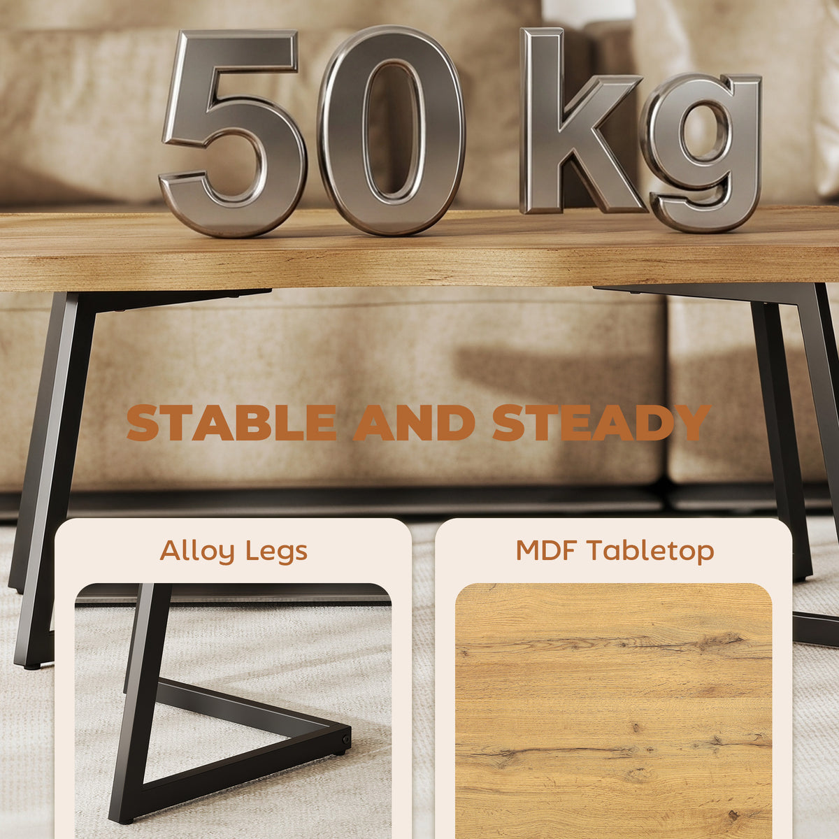 HOMCOM Coffee Table Curved Thick Top Living Room Accent Table Black Metal Legs, 39.4" x 19.7" x 17.7", Oak