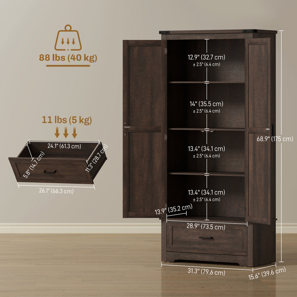 Tall Farmhouse Kitchen Pantry Cabinet with 2 Doors – 31"W x 69"H