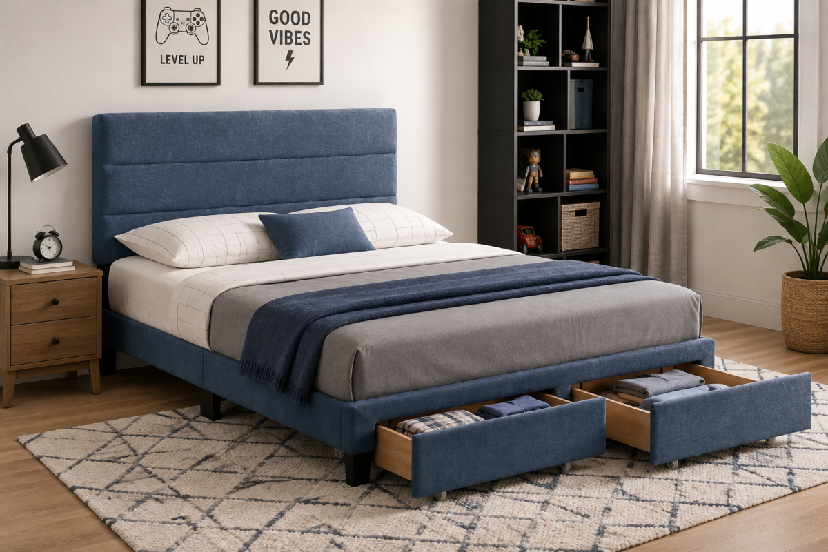 QUEEN PLATFORM STORAGE BED - BLUE