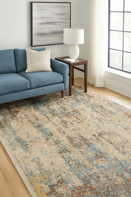 Distressed Jute Area Rug – Cream/Taupe/Blue