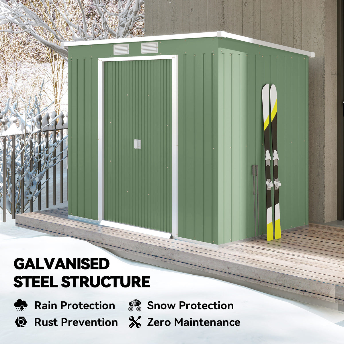 7 x 4ft Galvanised Steel Garden Shed, with Foundation Kit - – Green