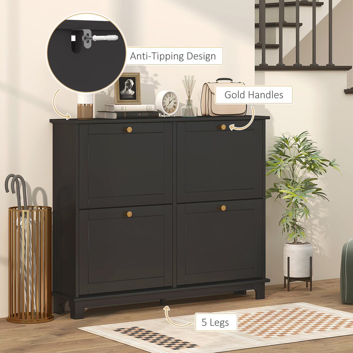 Modern Narrow Shoe Cabinet with 4 Flip Drawers – 47"W x 34"H