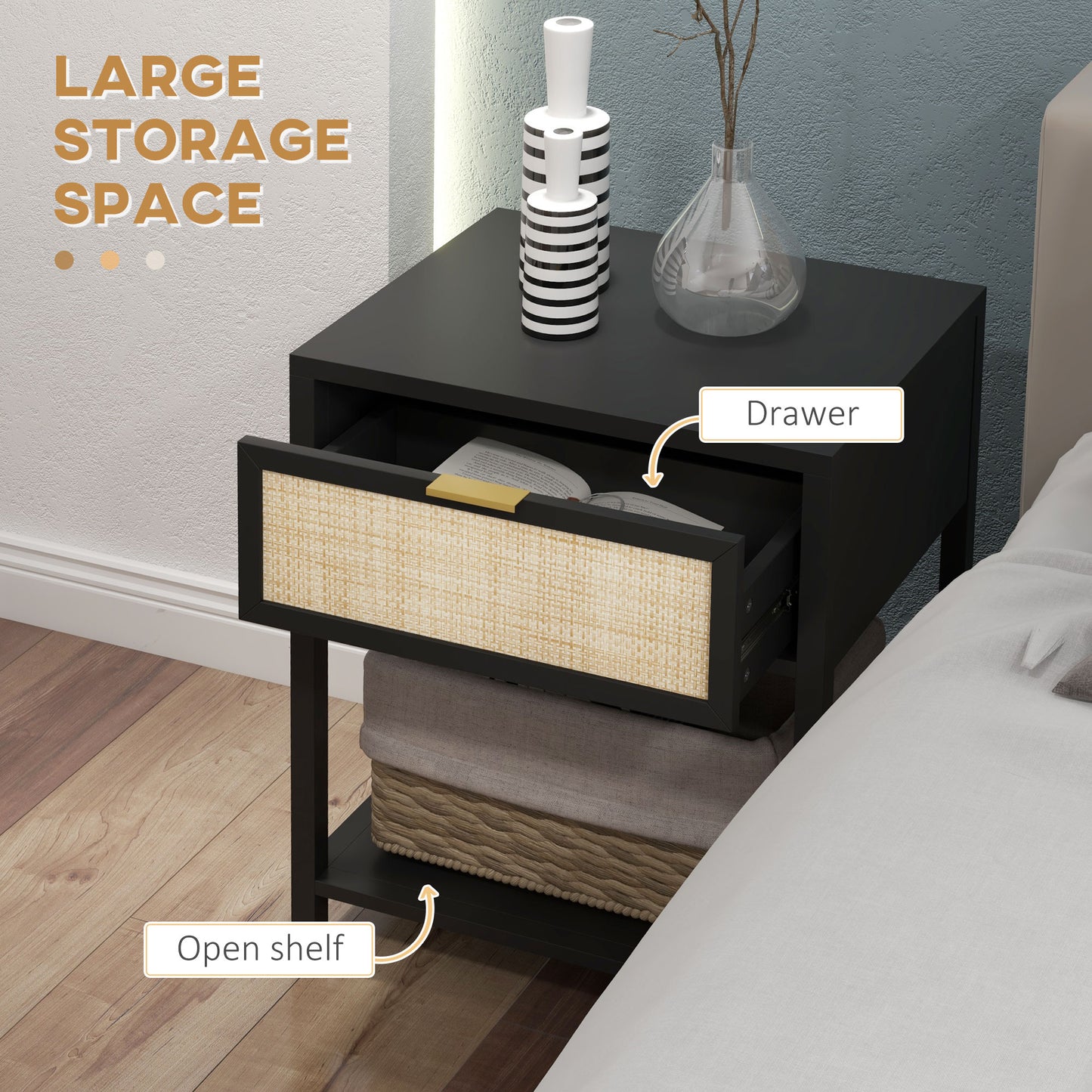 HOMCOM Modern Boho Black Nightstand with Rattan Drawer & Open Shelf