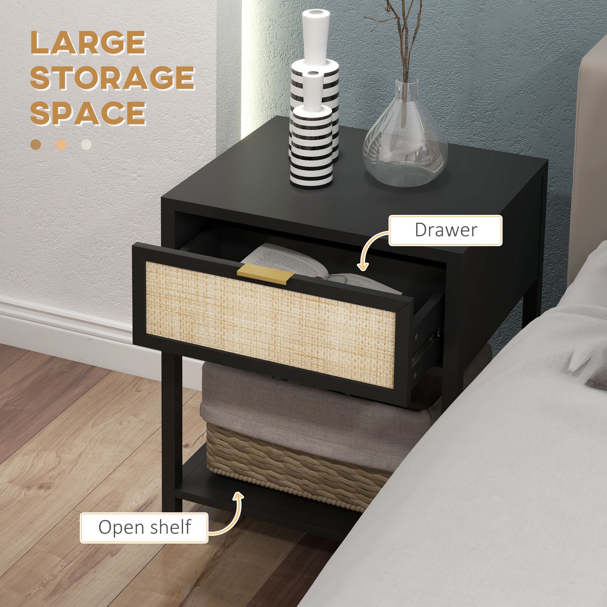 HOMCOM Modern Boho Black Nightstand with Rattan Drawer & Open Shelf