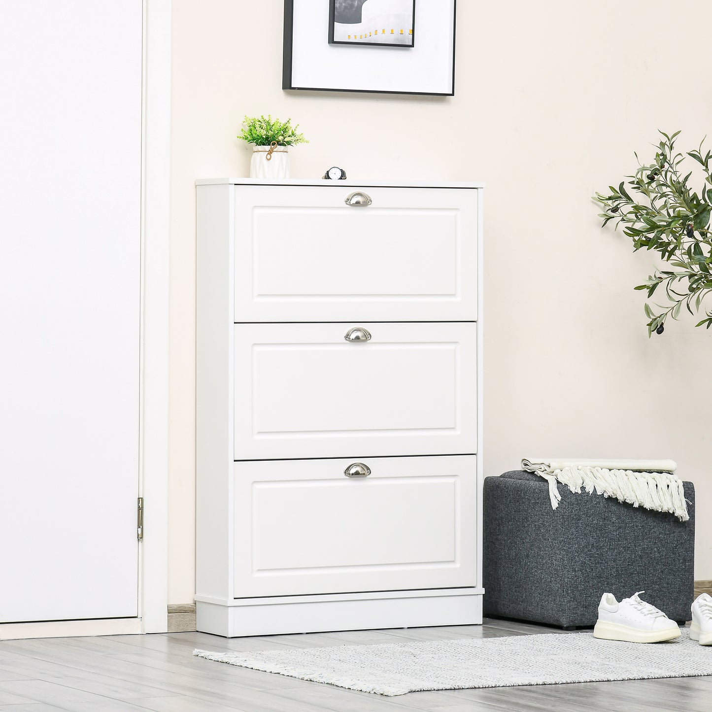 HOMCOM Narrow White Wooden Shoe Cabinet with 3 Flip Drawers
