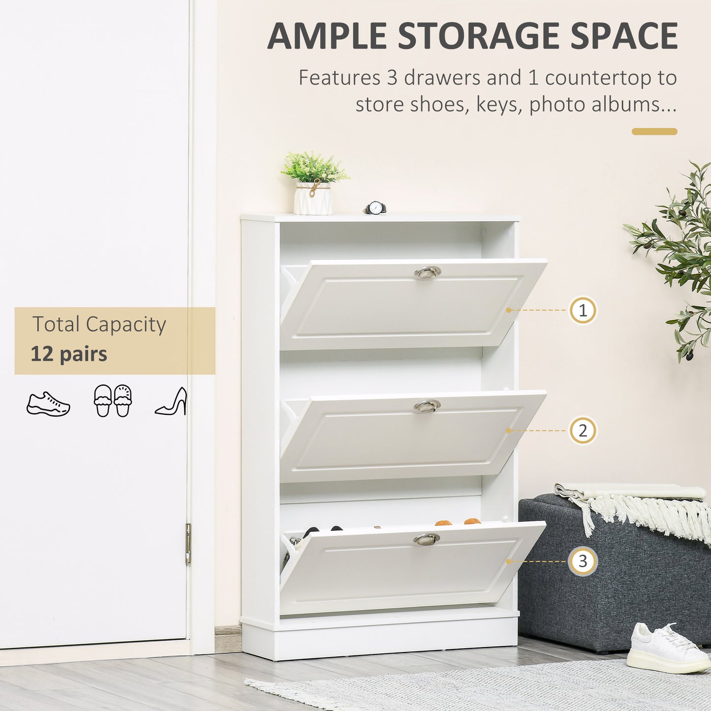 HOMCOM Narrow White Wooden Shoe Cabinet with 3 Flip Drawers