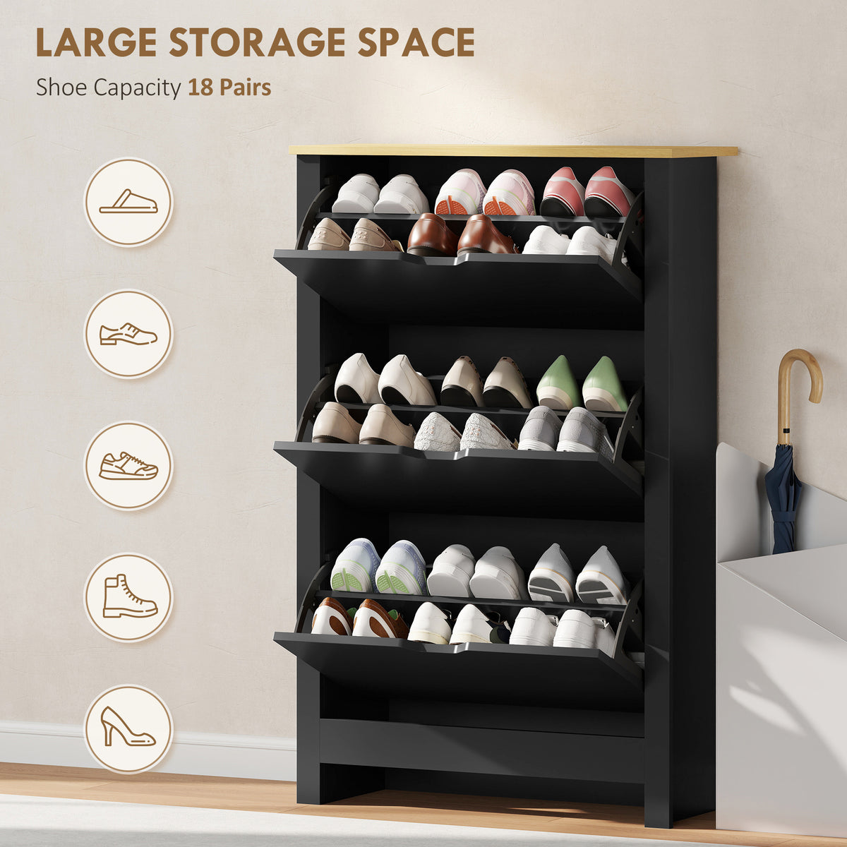 Shoe Storage Cabinet with 3 Flip Drawers – 28"W x 44"H