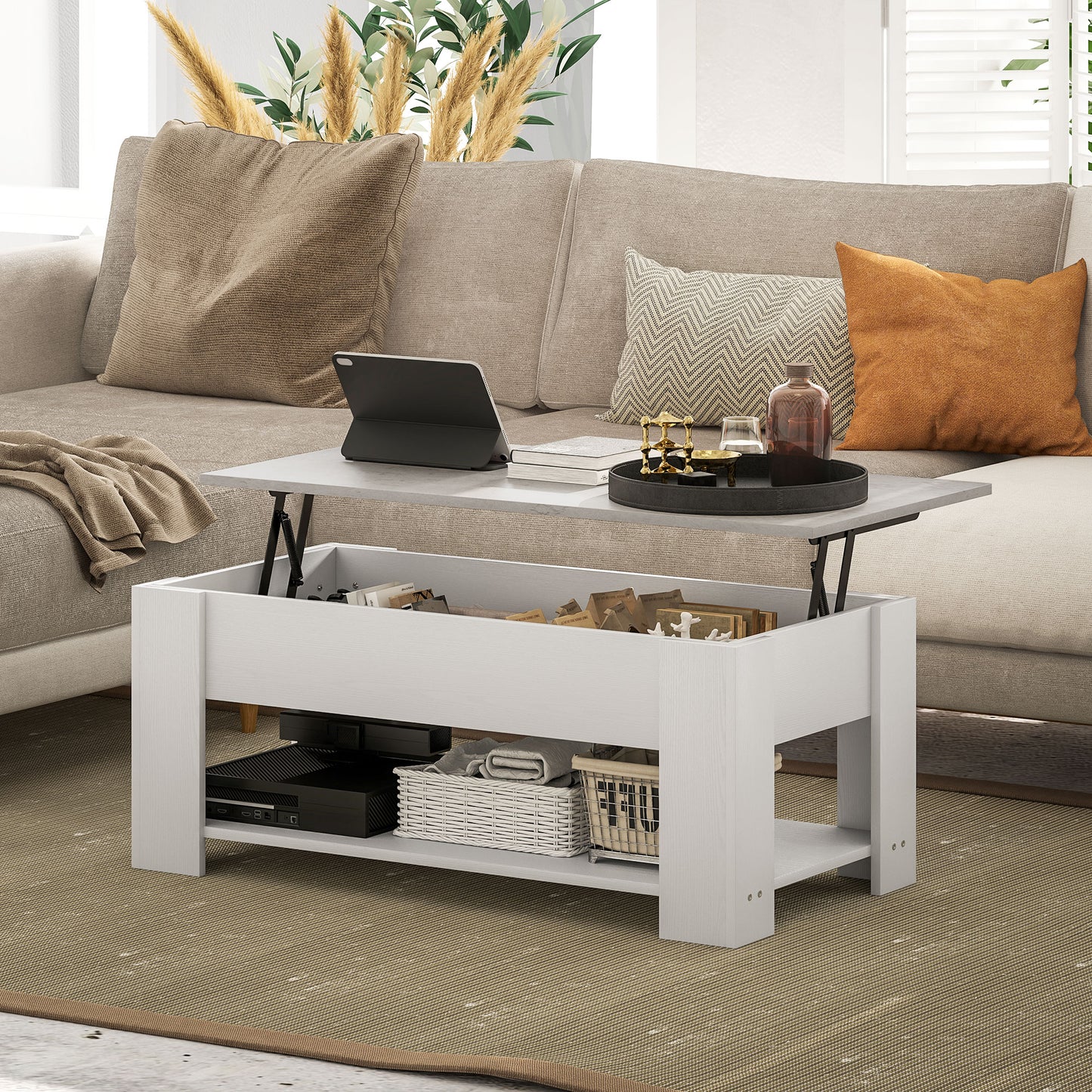 Modern White Lift Top Coffee Table with Hidden Storage and Open Shelf