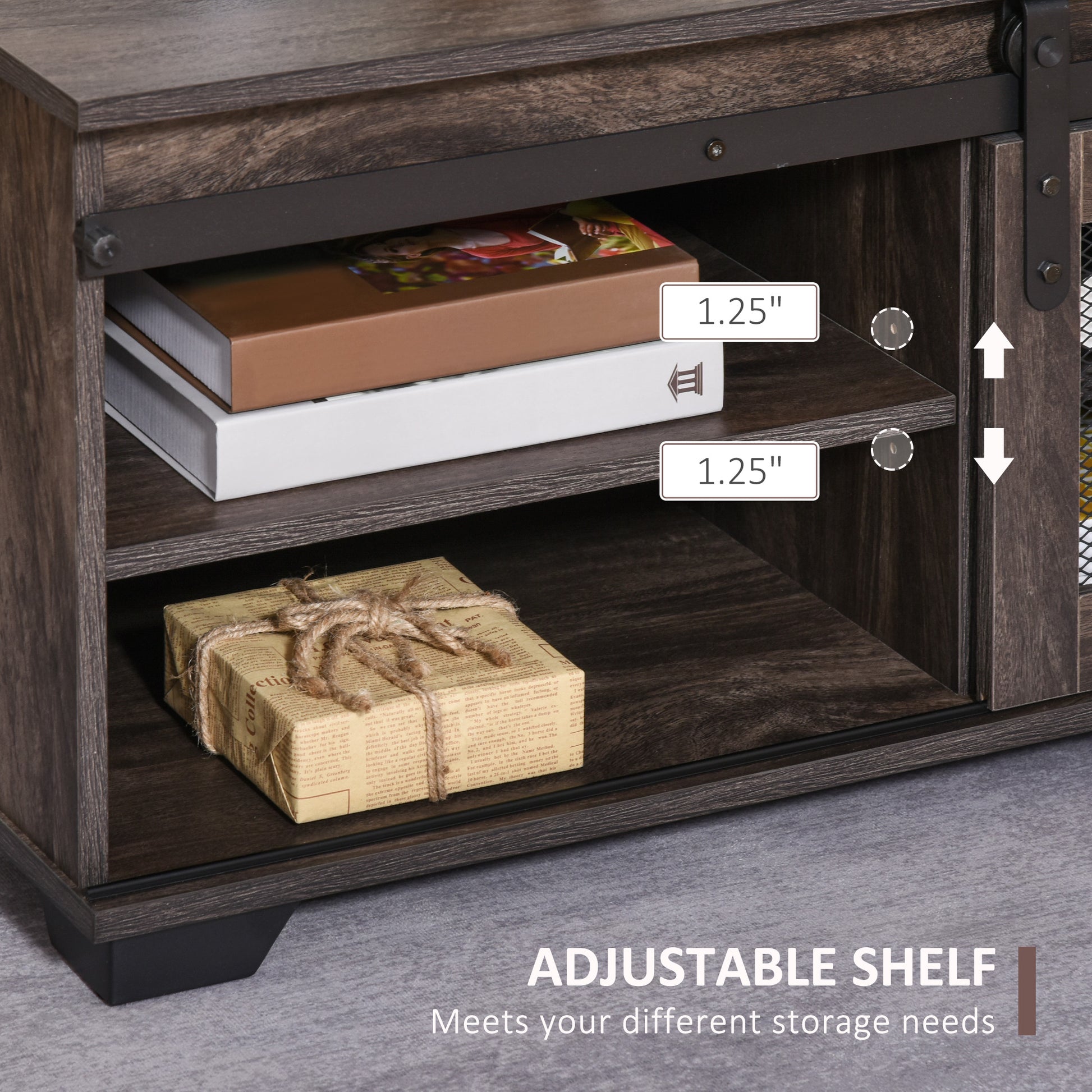 HOMCOM Farmhouse Industrial Coffee Table with Sliding Barn Door, Adjustable Shelf, Dark Brown