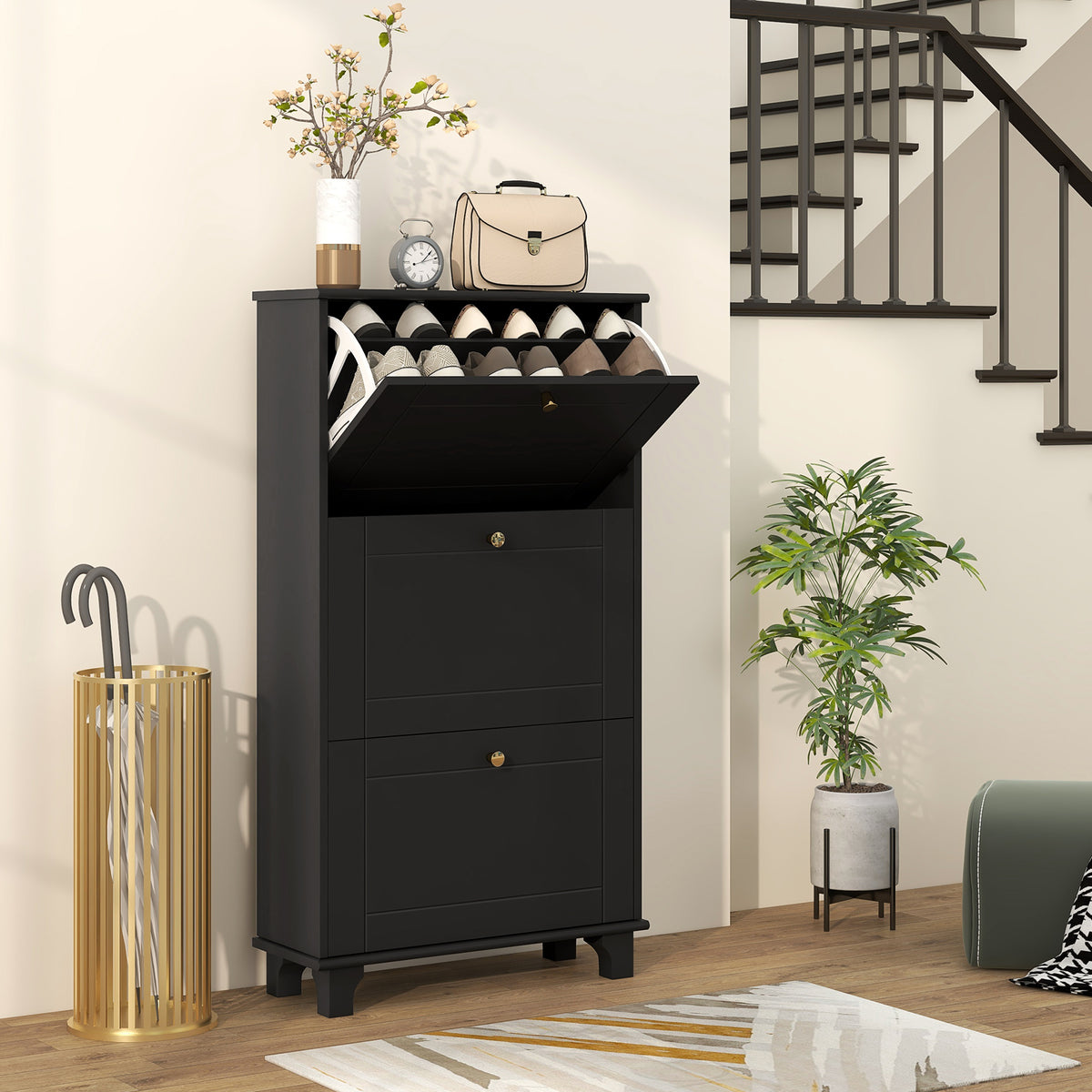 Narrow Shoe Storage with 3 Flip Drawers and Adjustable Shelves – 24"W x 49"H