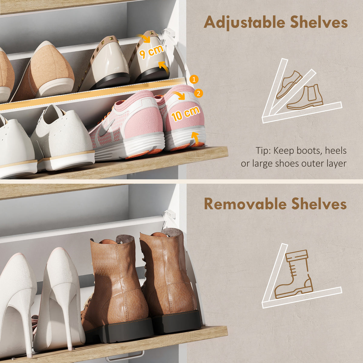 Slim Shoe Organizer Cabinet with 2 Flip Drawers – 24"W x 42"H