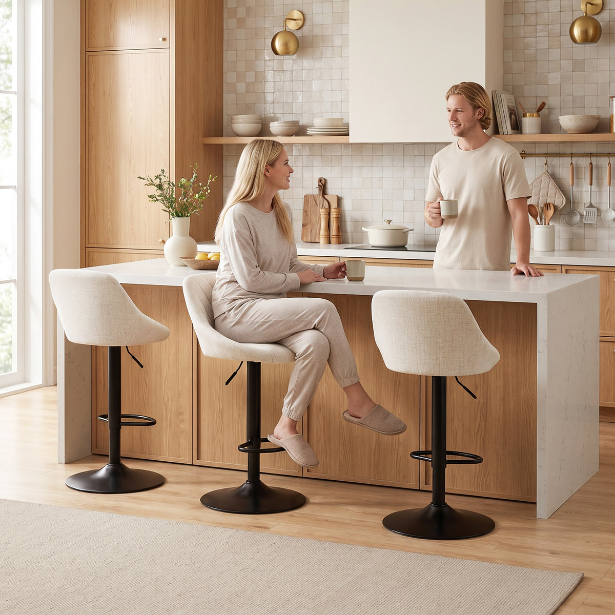 Linen-Look Swivel Counter Stools with Back, Set of 3, Cream White