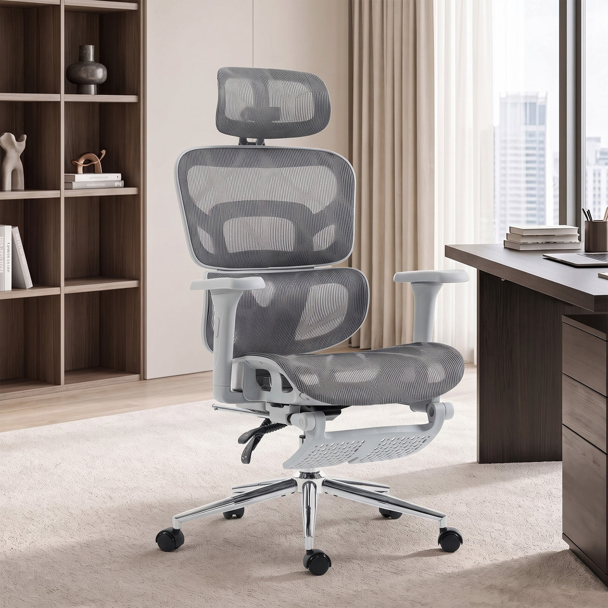 Ergonomic Office Chair with Lumbar Support, 2D Headrest, Mesh Reclining Desk Chair with Footrest, Grey