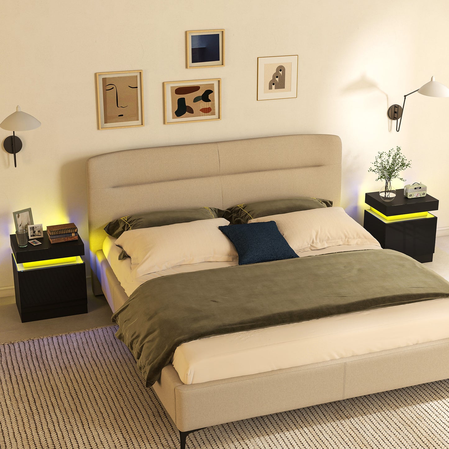 HOMCOM Modern Black Nightstands Set of 2, LED Lights, Two Drawers