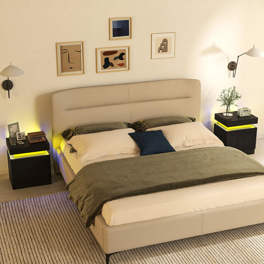 HOMCOM Modern Black Nightstands Set of 2, LED Lights, Two Drawers