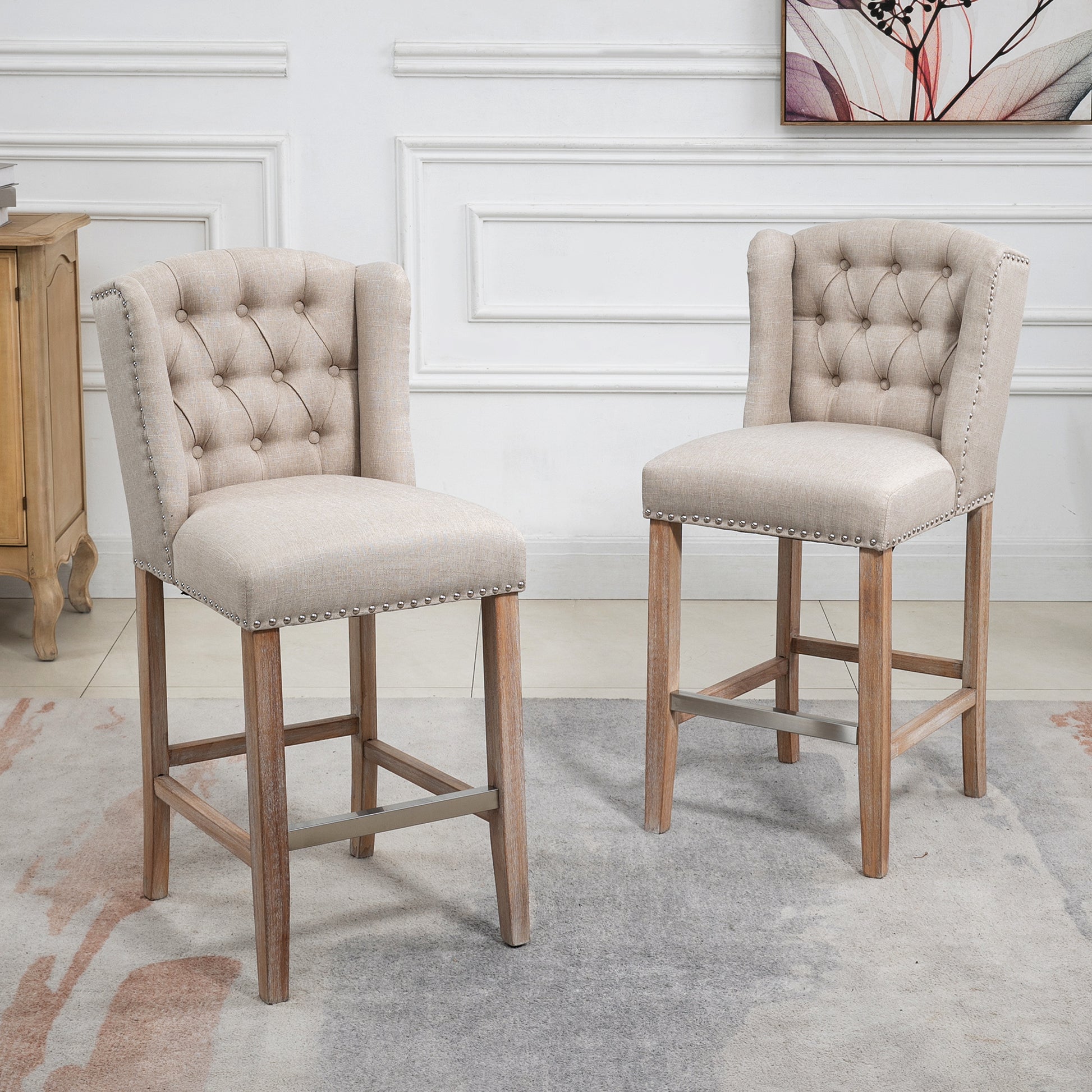 HOMCOM Set of 2 Beige Tufted Upholstered Bar Stools