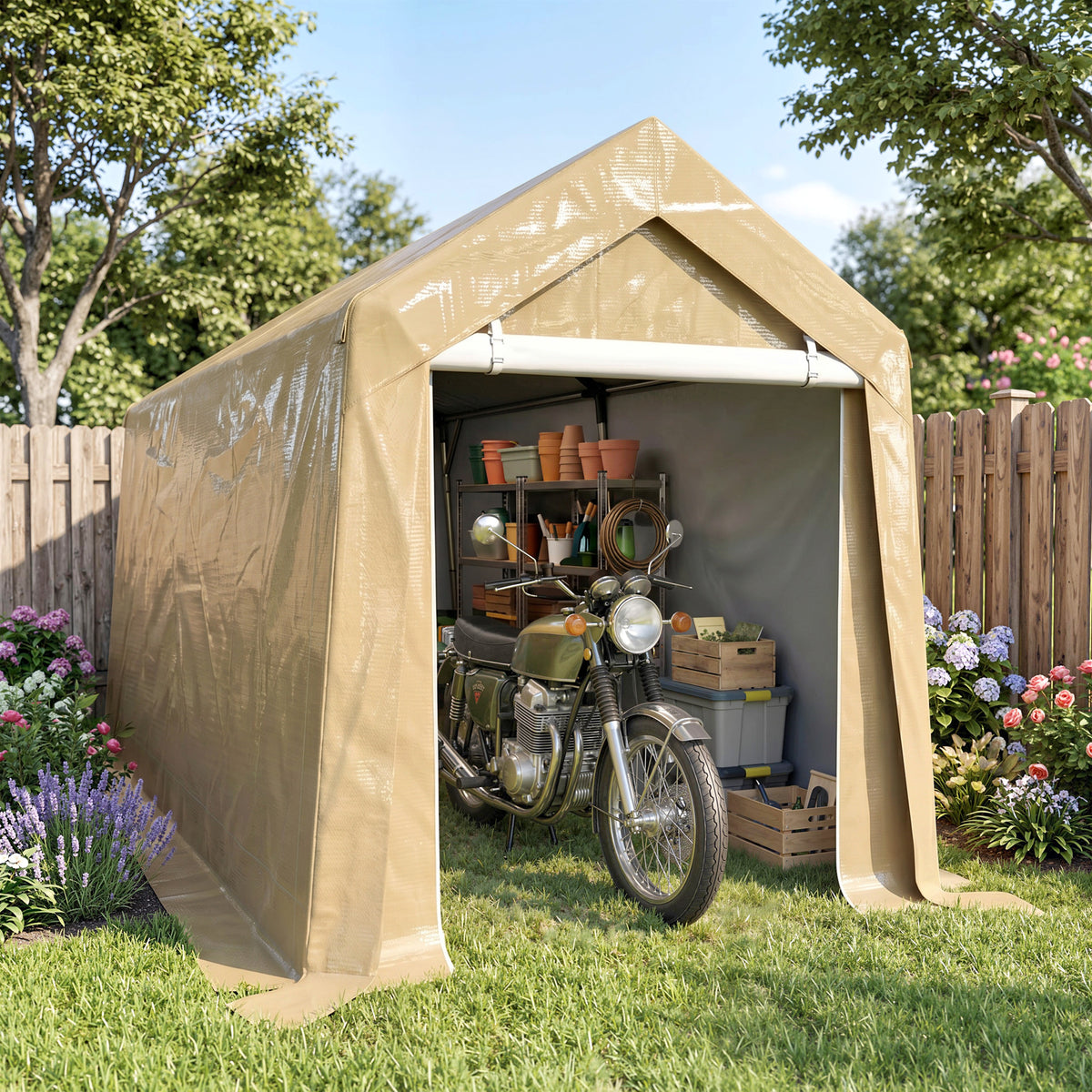 7' x 12' Outdoor Storage Shed Portable Garage with Roll-up Door for Motorcycle, Bike, Garden Tools