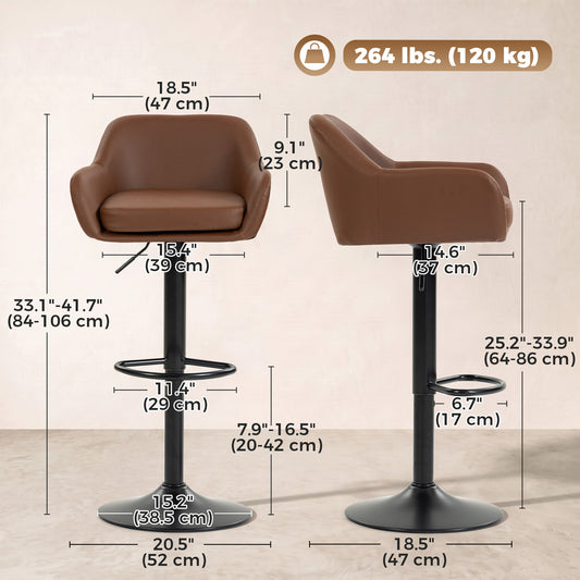 PU Leather Swivel Counter Stools with Arms and Backrest, Adjustable, Set of 2, Brown