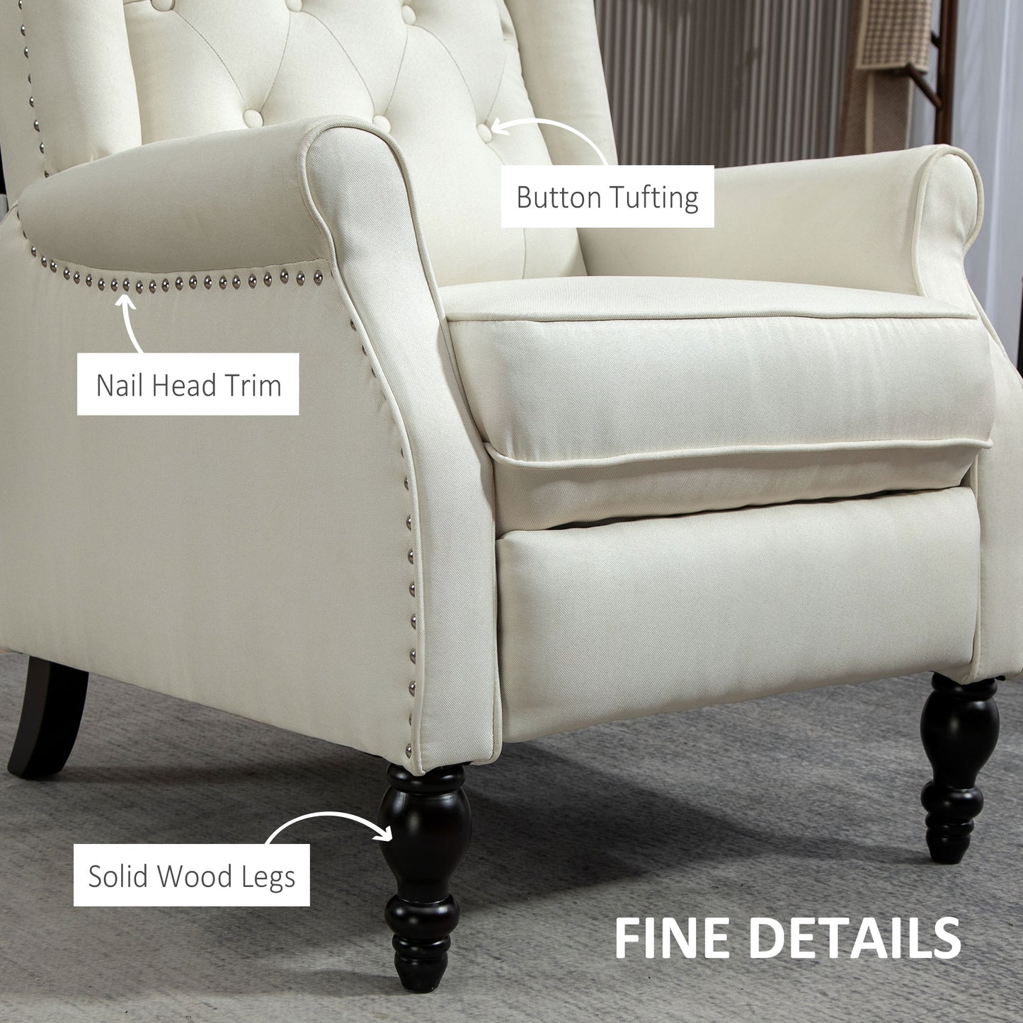 HOMCOM Cream White Wingback Recliner Chair with Button Tufted Footrest
